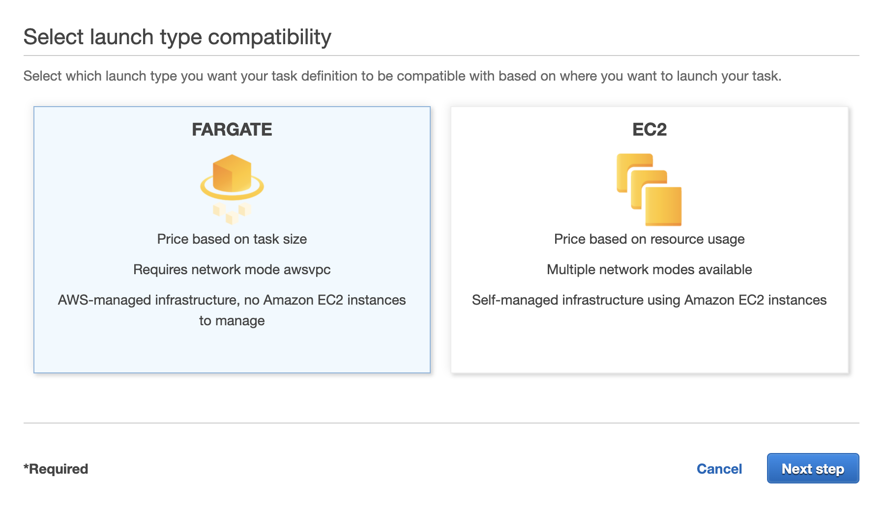 Selecting the fargate task type