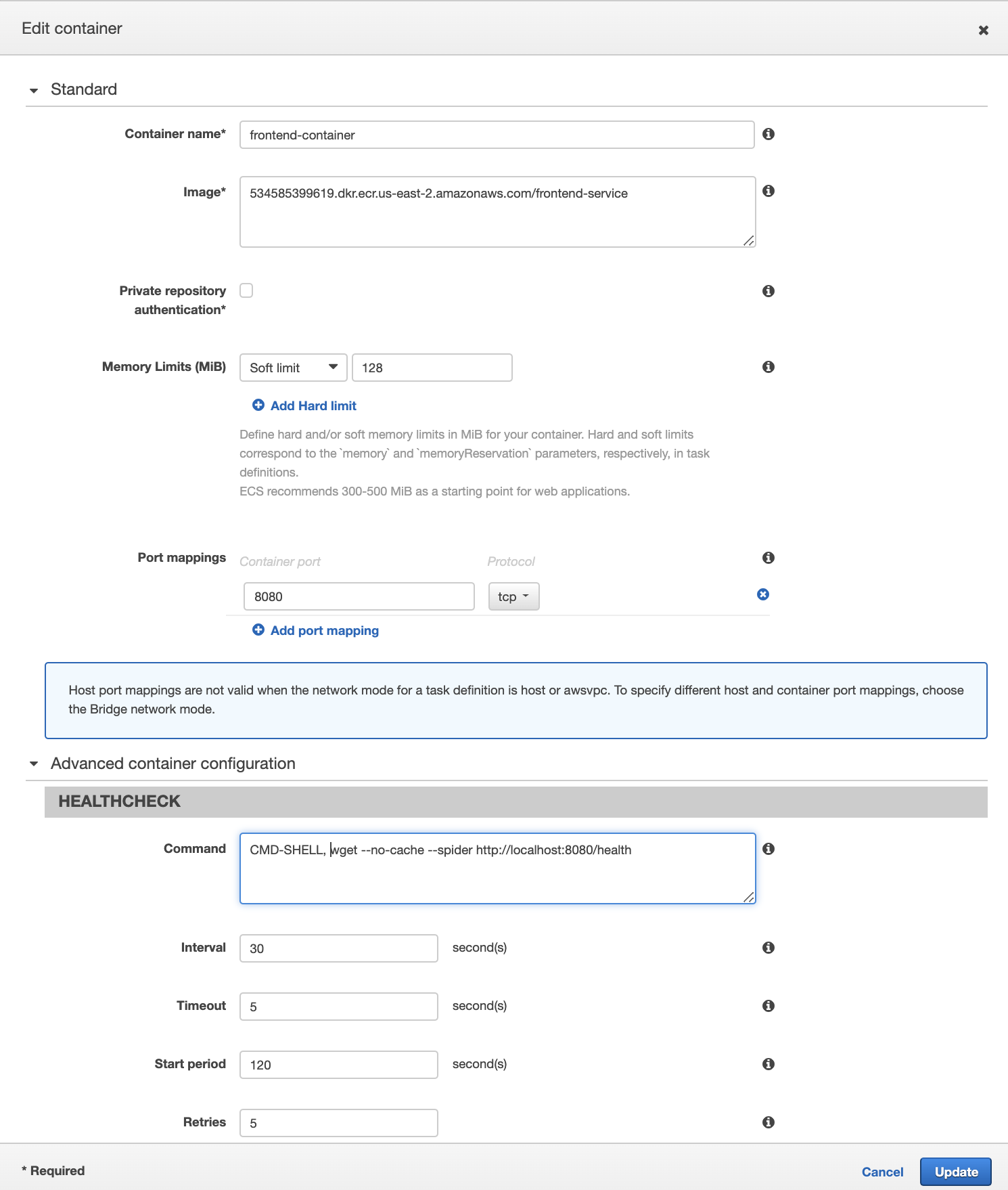 Configuring container parameters