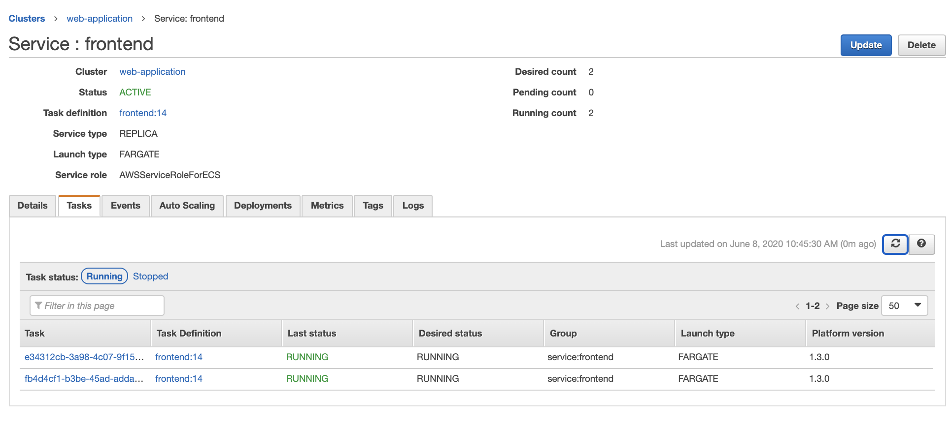 ECS frontend service tab shows running instances